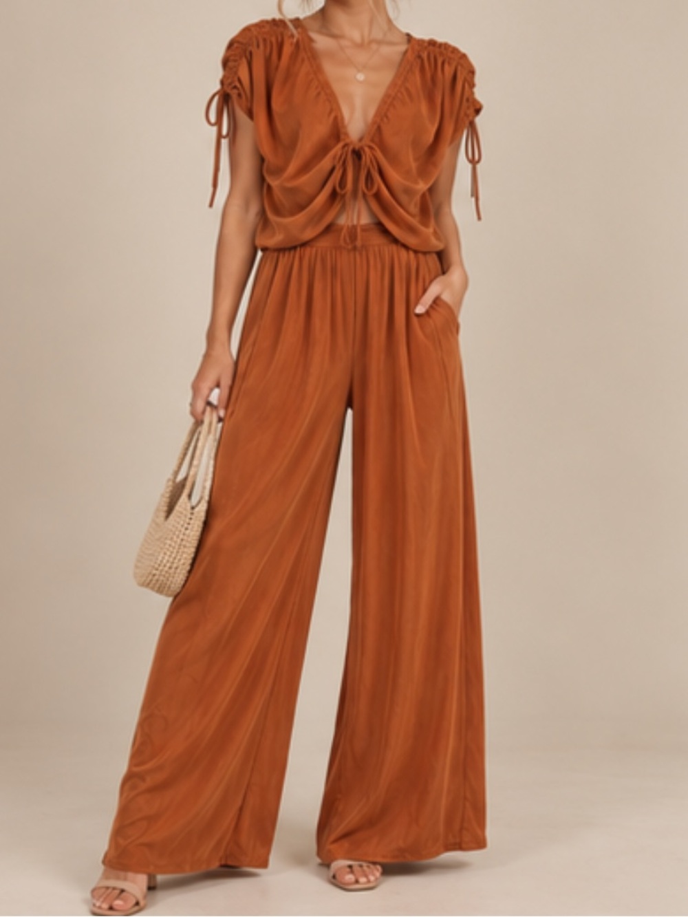 Zara Tie-Front Wide-Leg Jumpsuit in Rust